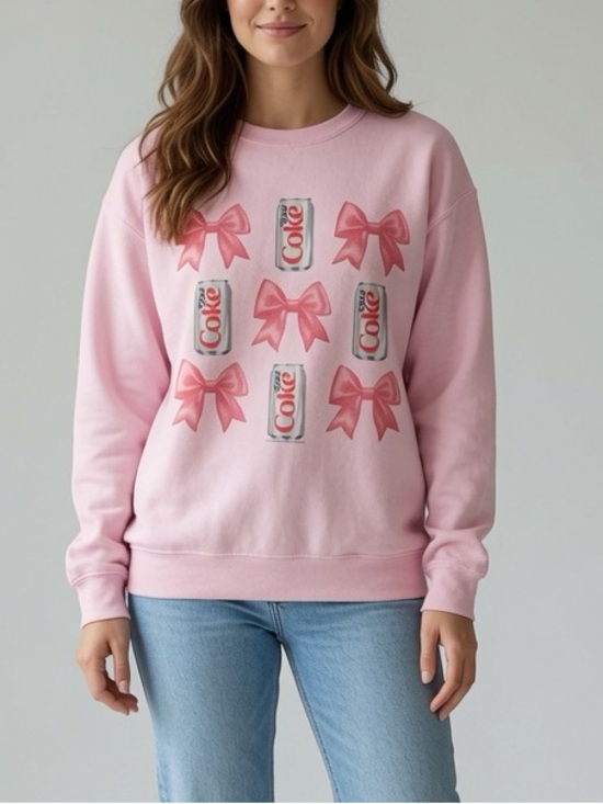 Diet Coke Tops - Diet Coke Light Pink Graphic Crewneck Sweatshirt with Bow & Can Motif